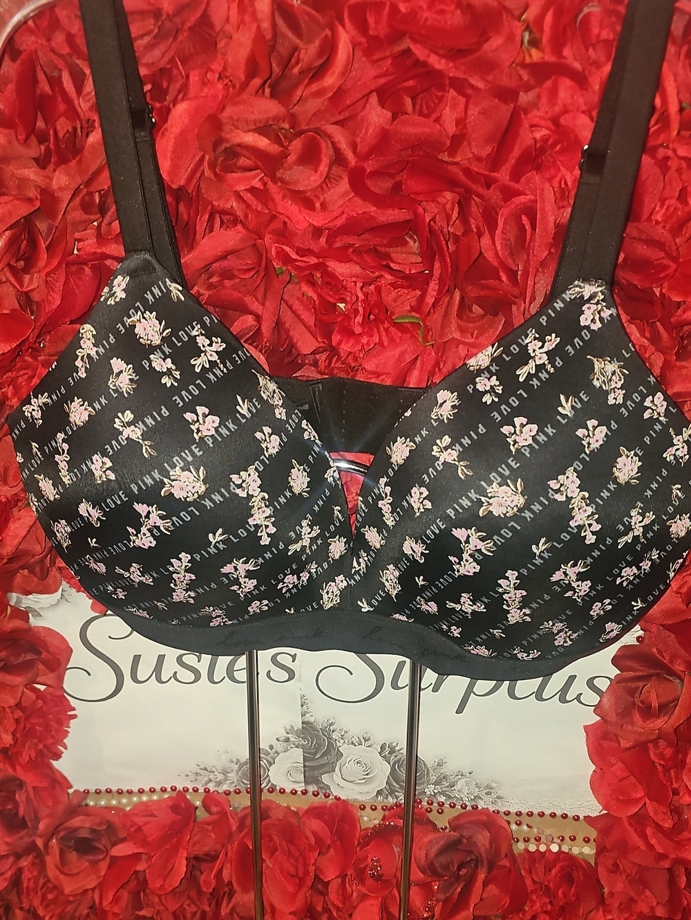 PINK Black Floral Print Padded Wireless Bra with Pink Accents Size 40DD
